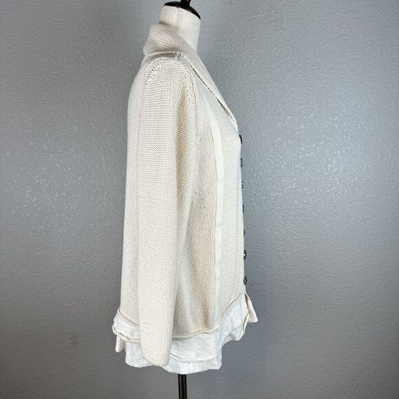 Pure Handknit Shawl Collar Button Cardigan Sweater Size M Medium Ivory Layered - Picture 8 of 9